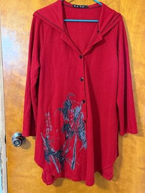 Red Button-Front Hooded Tunic Sweatshirt with Graphic